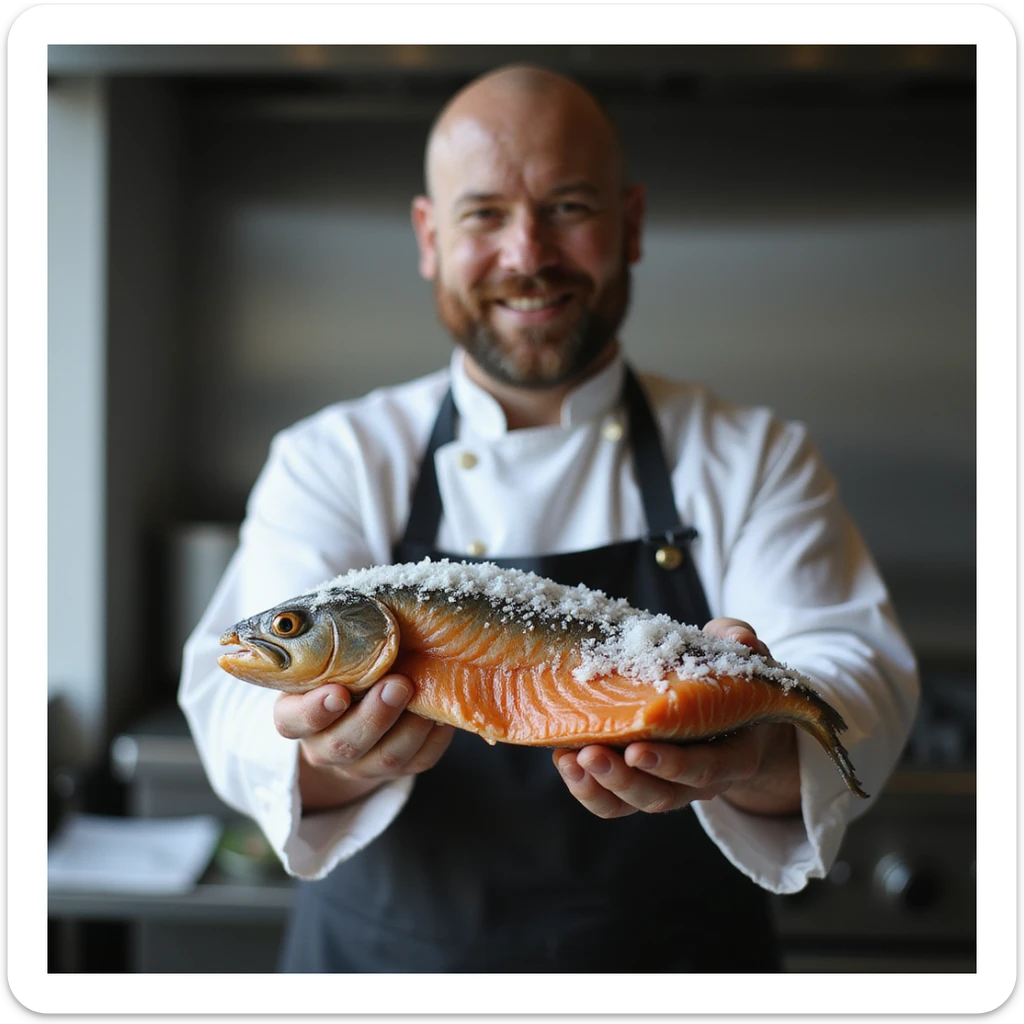 realistic 4K image of chef showing a salmon fillet just taken out of blast chiller, with frost and ice visible, satisfied expression sticker