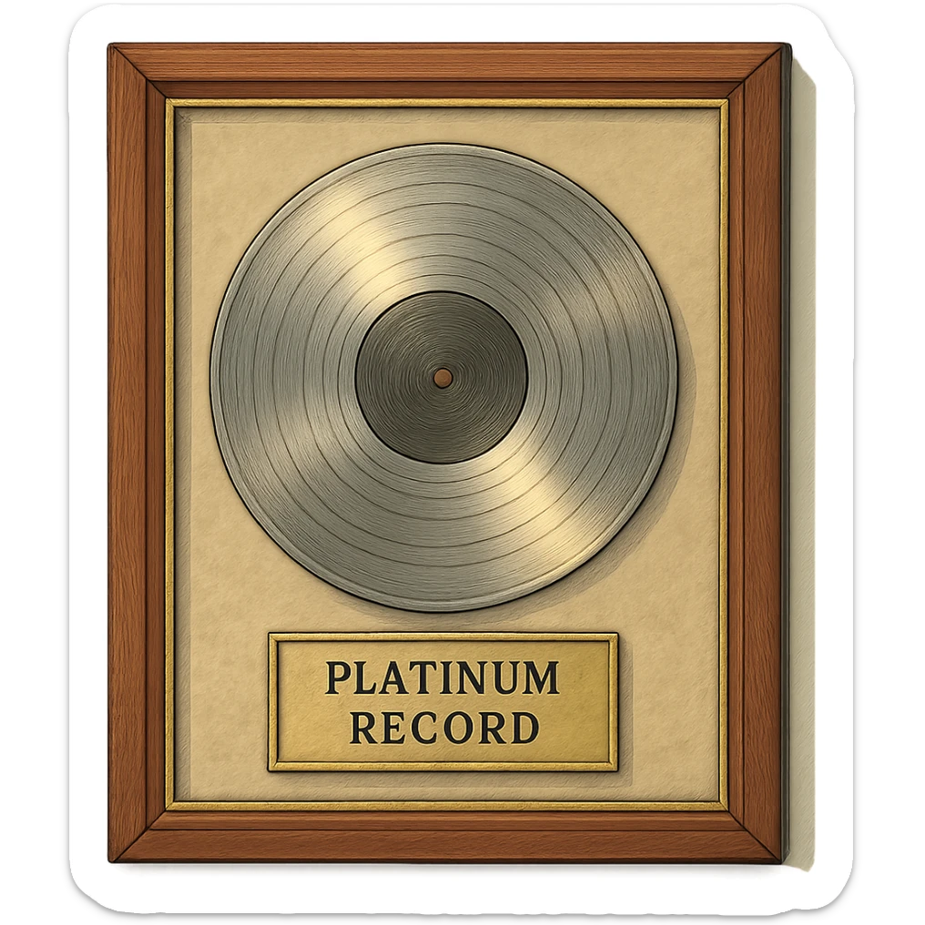 detailed ghibli style illustration of a platinum record award in a frame, soft lighting, elegant sticker