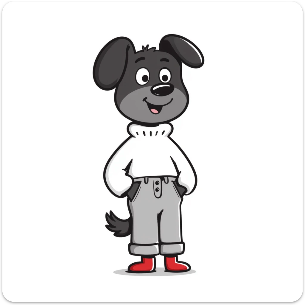 Brown dog standing upright with hands in jean pockets, wearing a white sweater and red shoes sticker