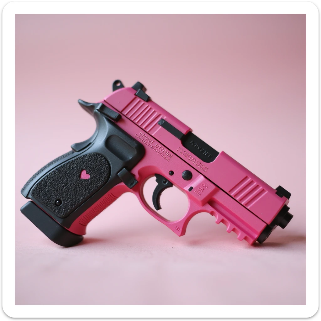 photorealistic pink pistol with a black grip, no heart shapes or motifs, on a white background sticker