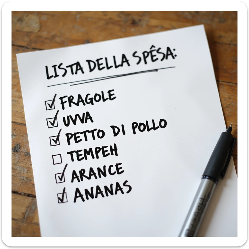 top view of a sheet of paper with handwritten shopping list in pen: 'LISTA DELLA SPESA: - FRAGOLE - UOVA - PETTO DI POLLO - Tempeh - ARANCE - ANANAS', with check marks on purchased items, hyperrealistic 4K, no background sticker