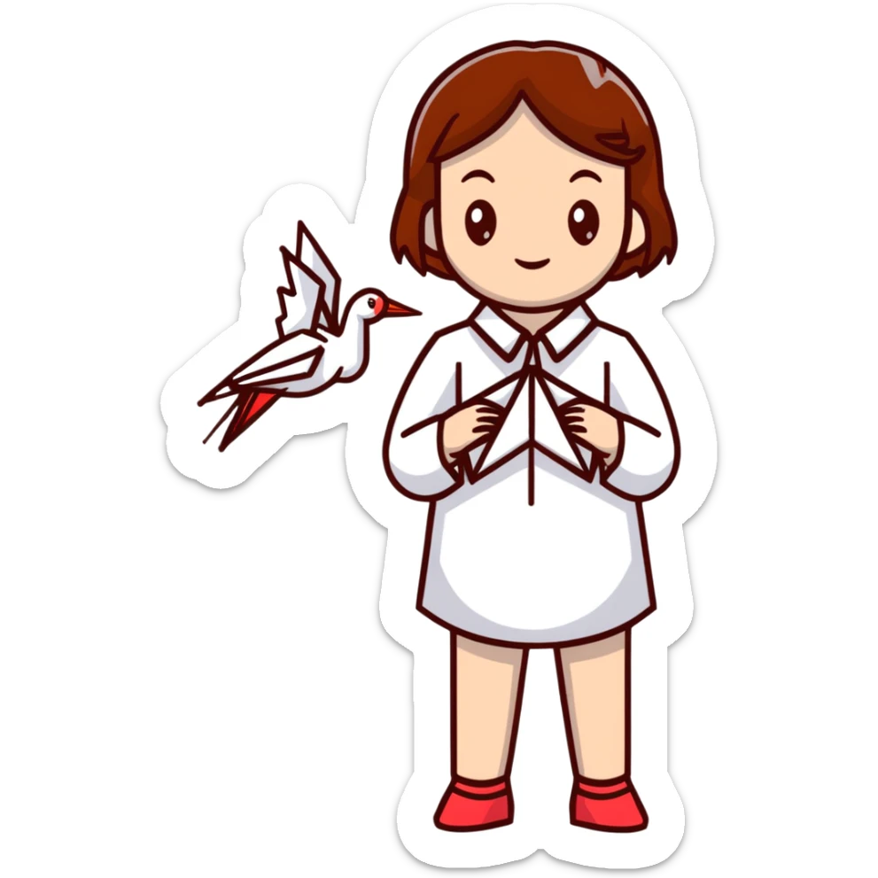 Ukrainian young girl with brown hair wearing a white embroidered shirt holds an origami red crane sticker