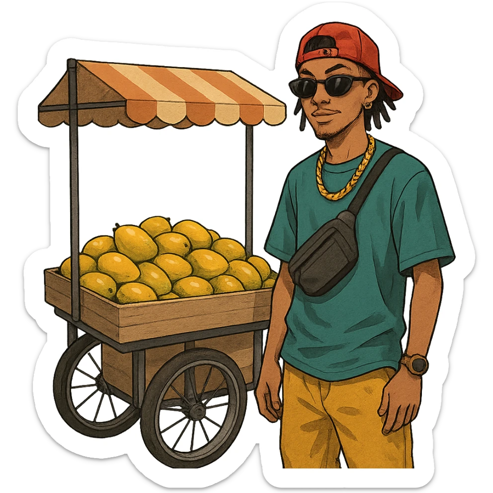 a young man selling mangoes, wearing hip street clothes and accessories, standing by a fruit cart sticker
