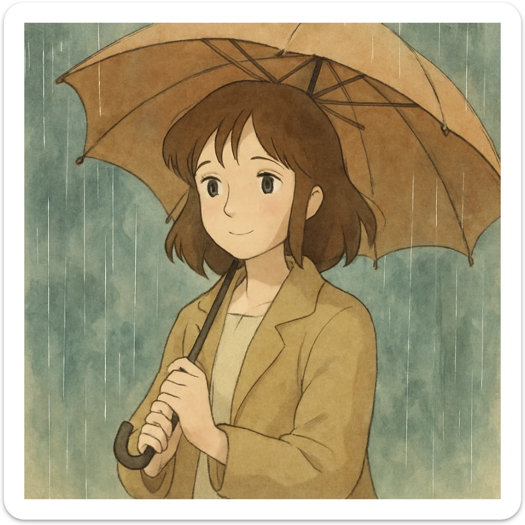 ghibli style girl with umbrella in the rain, gentle, atmospheric, soft rain effects sticker