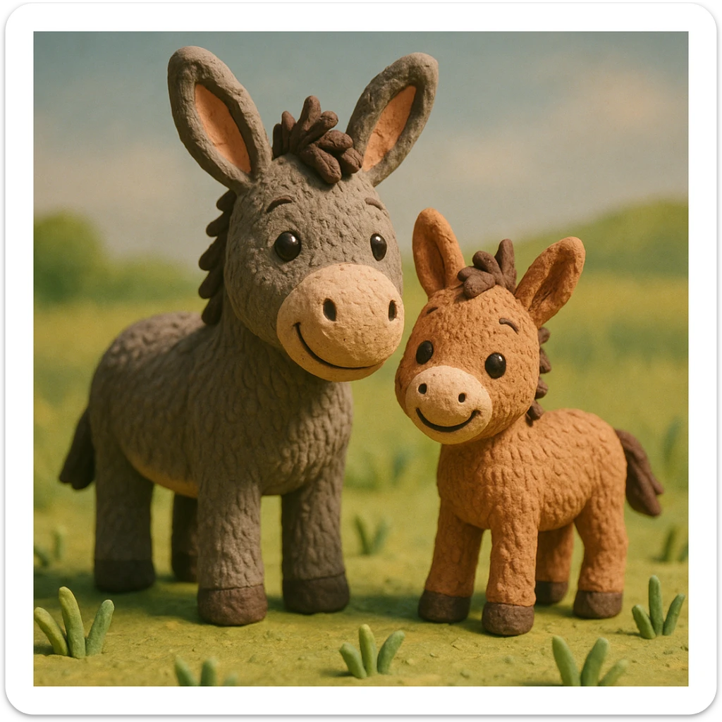 donkey and foal together, cute and cheerful, detailed fur, in a grassy meadow, claymation style sticker