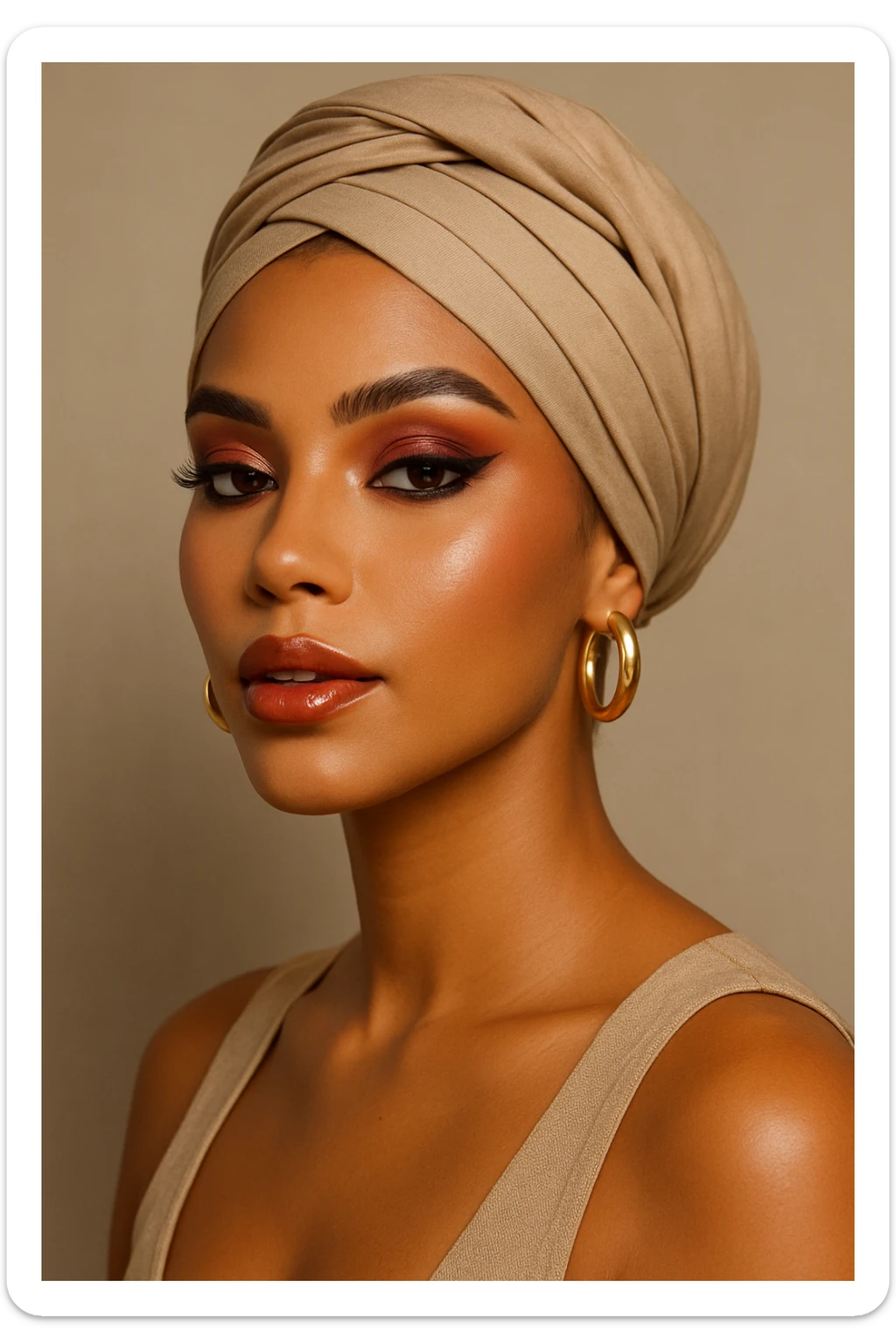 a tanned skin woman with a modern headscarf and glamorous makeup, stylish look sticker