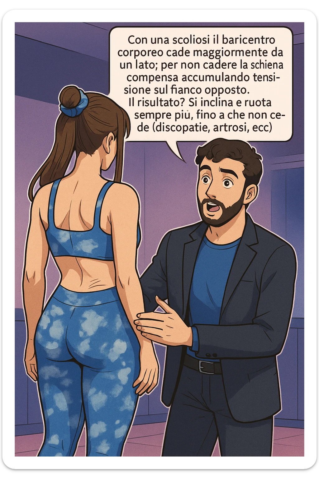 fai questa immagine in versione manga/webtoon a colori, il manga mostra la donna di spalle, mentre l'uomo le tocca la spina dorsale per spiegarle come funziona la scoliosi:
Con una scoliosi il baricentro corporeo cade maggiormente da un lato; per non cadere la schiena compensa accumulando tensione sul fianco opposto.
Il risultato? Si inclina e ruota sempre più, fino a che non cede (discopatie, artrosi, ecc) sticker