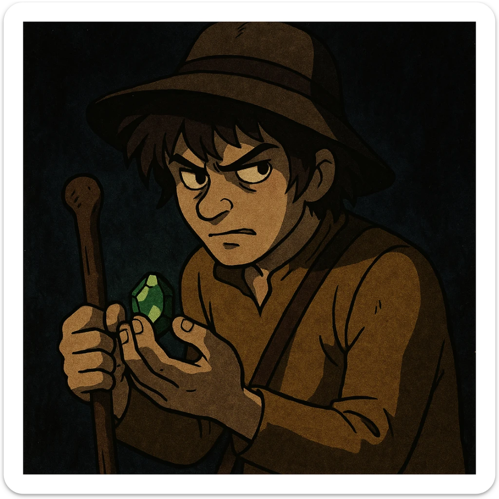 Peter the goatherd from the 1978 Heidi series, as a suspicious character, holding a mysterious object, vintage anime style, with a dark twist sticker