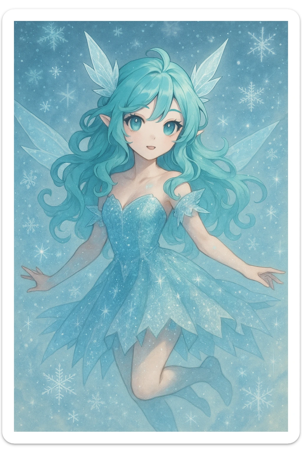 ice fairy with aqua-colored eyes and hair, sparkling icy dress, floating, whimsical, fantasy style sticker