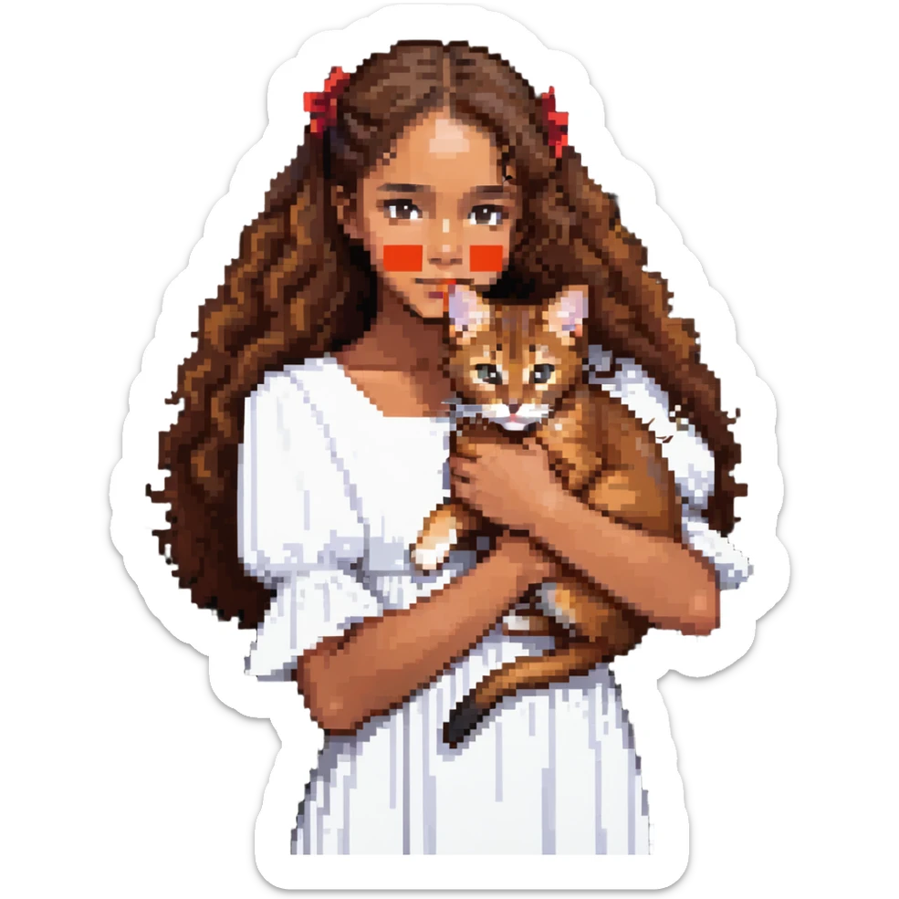beautiful girl with curly long brown hair wearing a white dress holding an Abyssinian cat with reddish-brown fur in her arms sticker