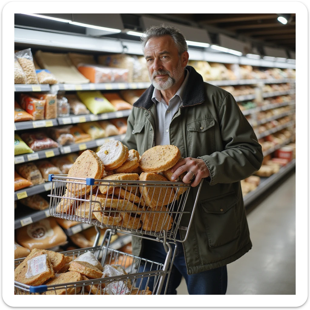 Uomo che fa la spesa al supermercato, carrello pieno di cibi confezionati, snack e bevande zuccherate, testo in italiano: 'Scelte automatiche'. sticker