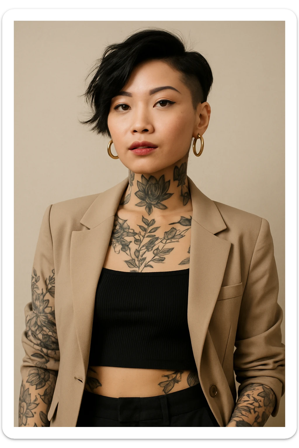 upper body portrait of an asian woman with visible tattoos, stylish and confident sticker