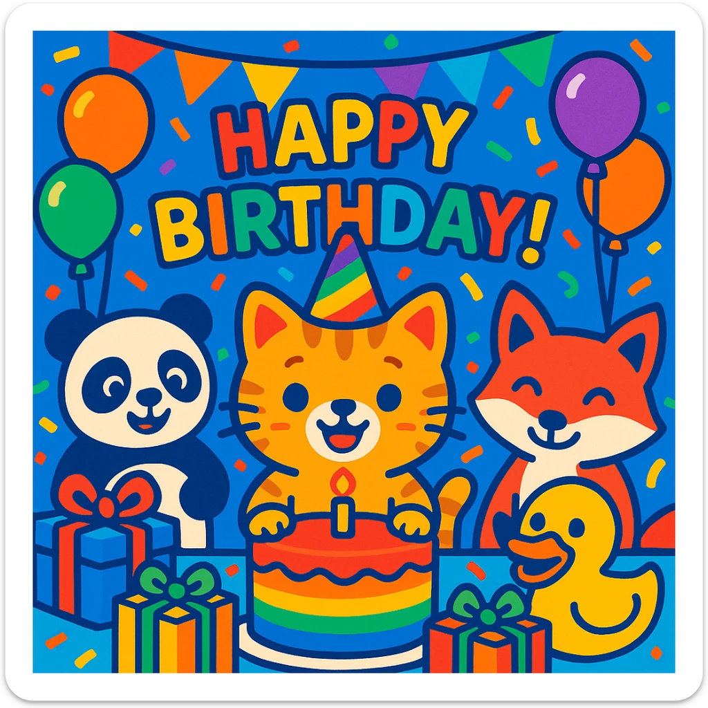 vibrant-toon style birthday party scene with a rainbow color theme including rainbow balloons, multicolored decorations, confetti, a large rainbow birthday cake, gifts, and a festive atmosphere. Main character is a ginger tabby kitten wearing a birthday hat, surrounded by a panda, fox, and duck also celebrating. Prominent 'Happy Birthday!' message included in the scene. sticker