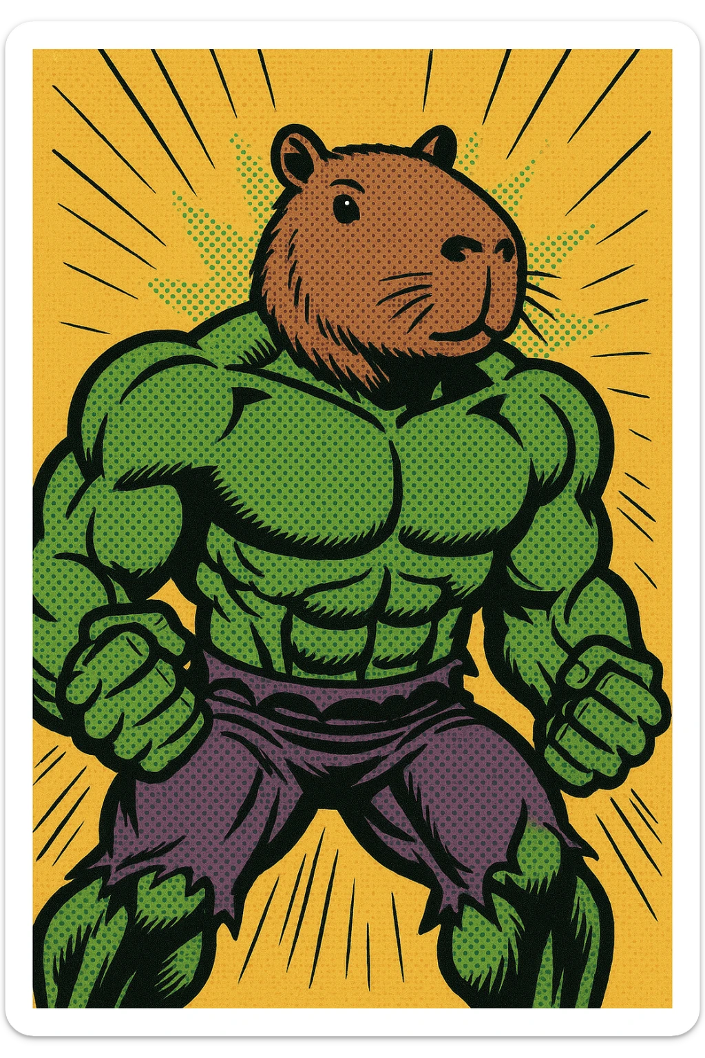the Hulk's muscular body with a capybara's face, green skin, comic book style sticker
