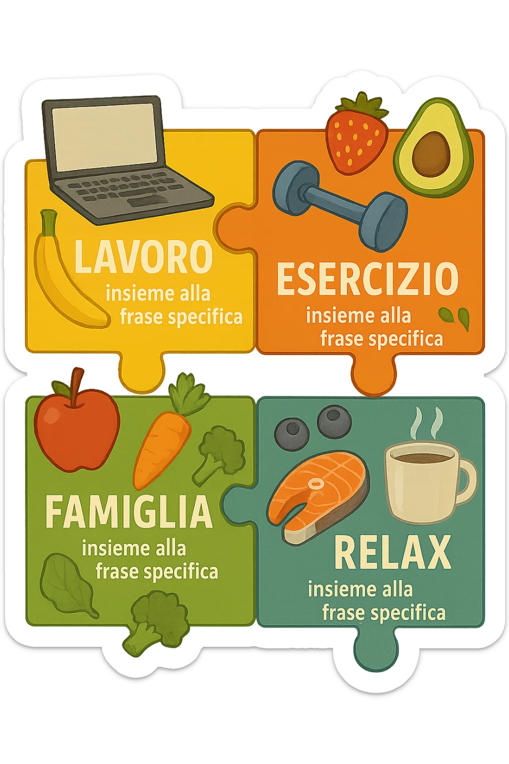 Puzzle (Lavoro, Esercizio, Famiglia, Relax), and healthy foods are integrated into each piece. in italiano sticker