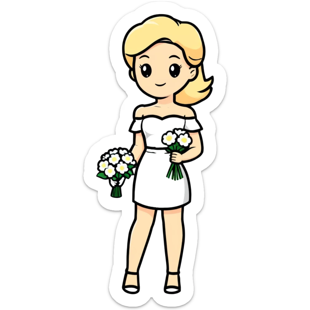blonde woman in a white off-shoulder dress with a bouquet of white flowers in a white bag in her right hand sticker