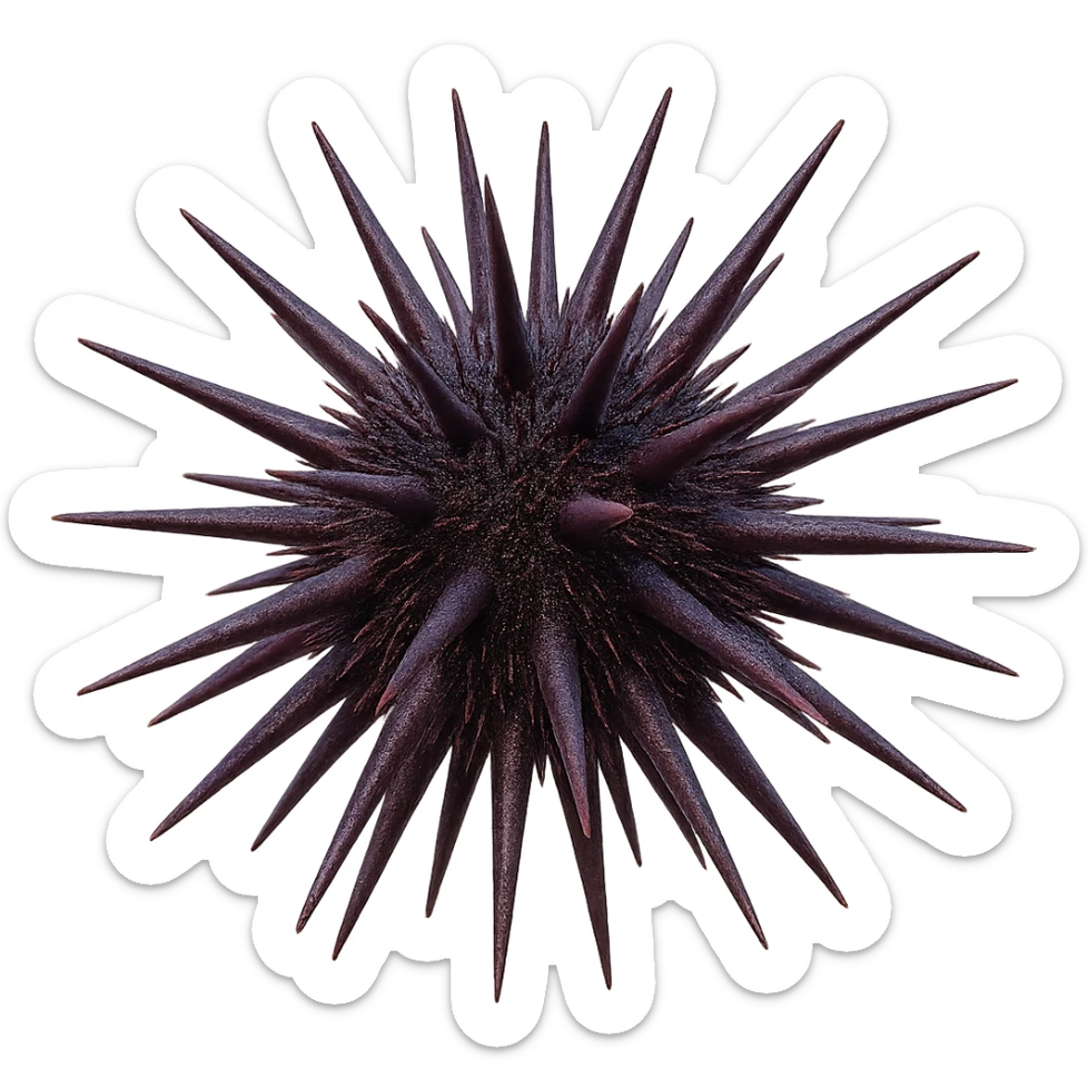 Add realistic purple and dark colors to the sea urchin, keep the dangerous spikes and realistic shape, with a transparent background. Maintain the natural and realistic appearance of the sea urchin's spikes and overall form. sticker