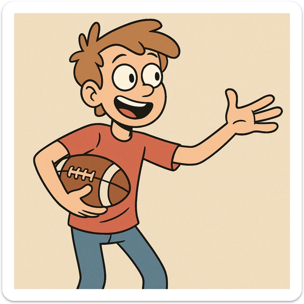 a boy gesturing to a friend with a football in hand, energetic, flat toon style sticker