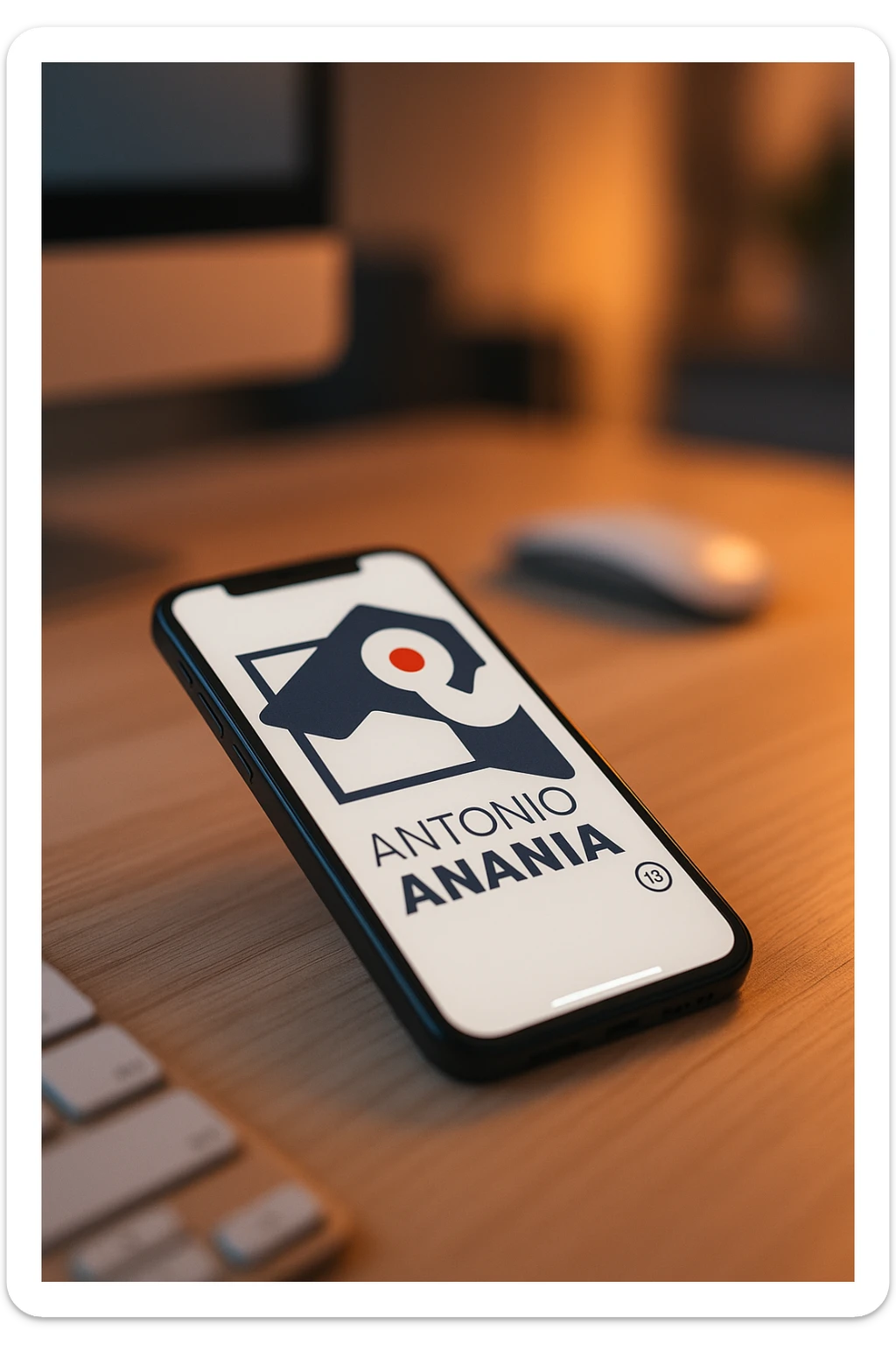 A photo of an iPhone on the desk with the logo of "Antonio Anania" on its screen, The phone sits atop a desk with a blurred with the logo in the background that suggests work environment. A faint glow from above casts gentle shadows across the surface of each object, creating depth and highlighting their textures sticker
