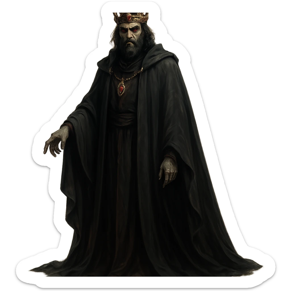 prince of darkness, regal yet sinister, wearing a crown and flowing dark robes, fully depicted sticker