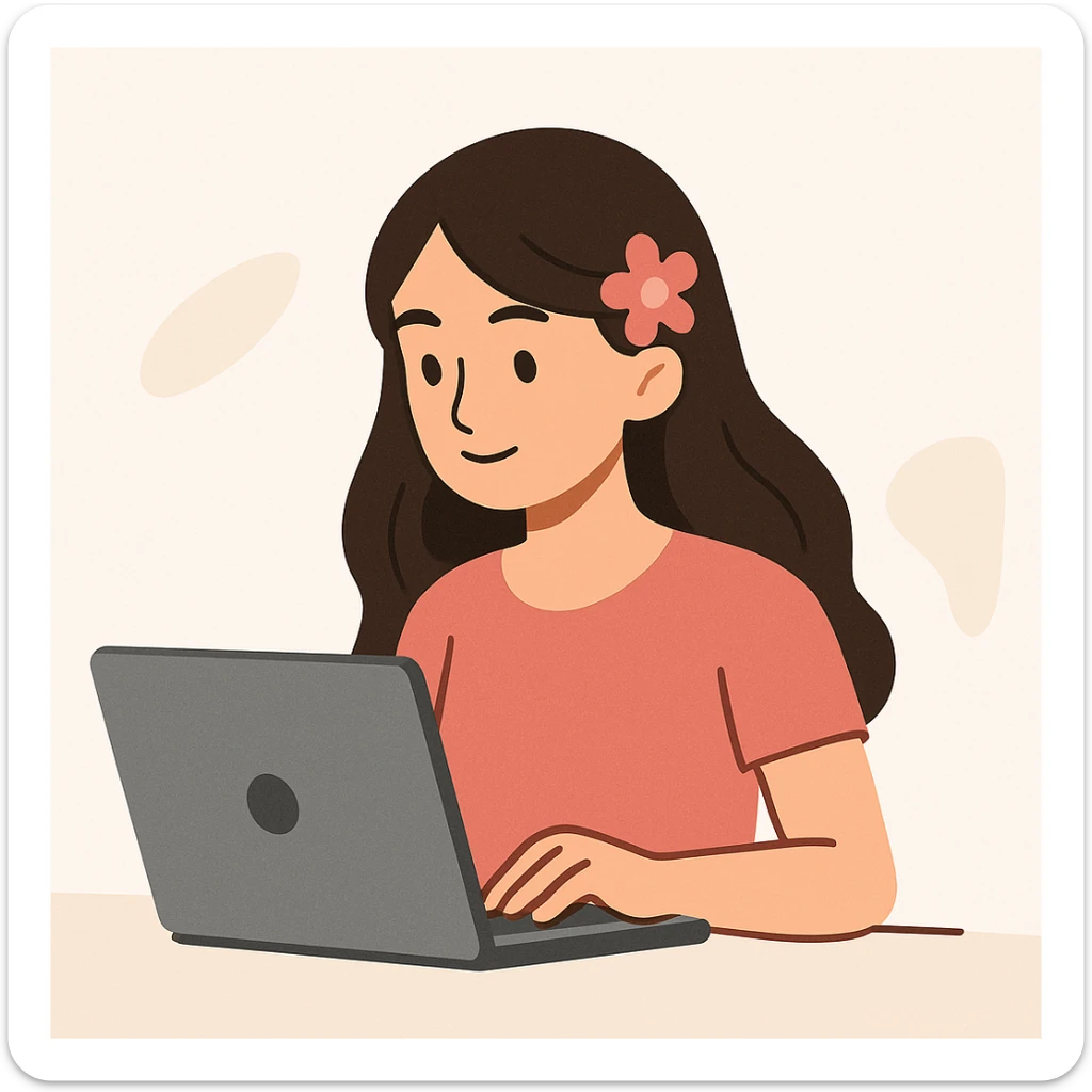 a girl with brunette hair and a pink flower clip in her hair working on a laptop, clean modern illustration style sticker