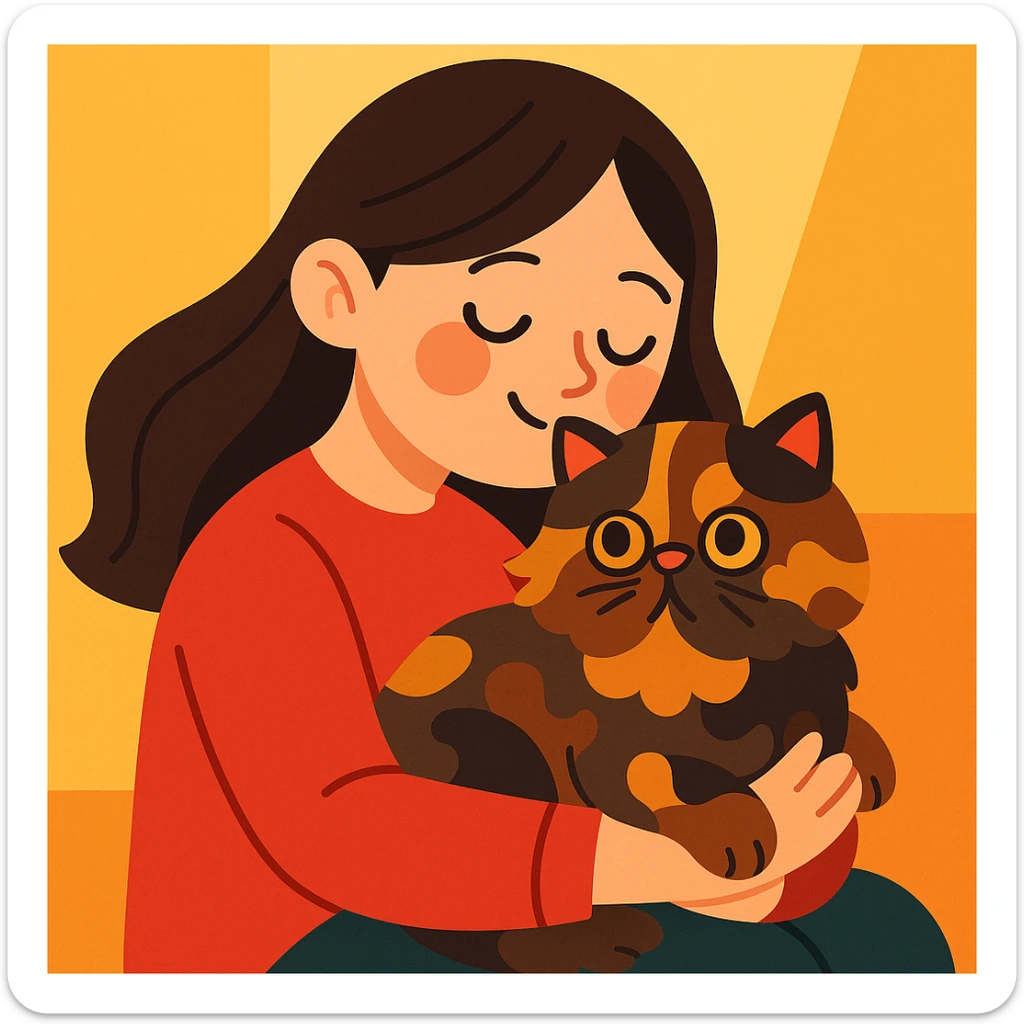 brunette girl cuddling a tortoiseshell Persian cat, cartoon style, gentle and sweet moment sticker