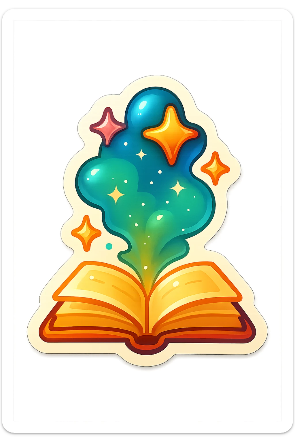 open book with cloud of magical dust and stars rising, no twigs or leaves, retro sticker style, shadows and highlights sticker