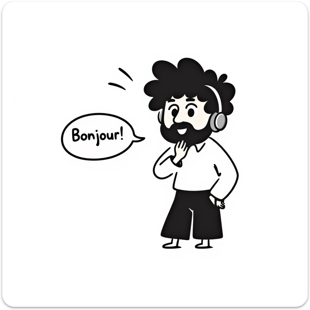 Anime-style character saying "Bonjour!", with black hair, brown eyes, black beard, wearing gaming headphones, Japanese animation style sticker