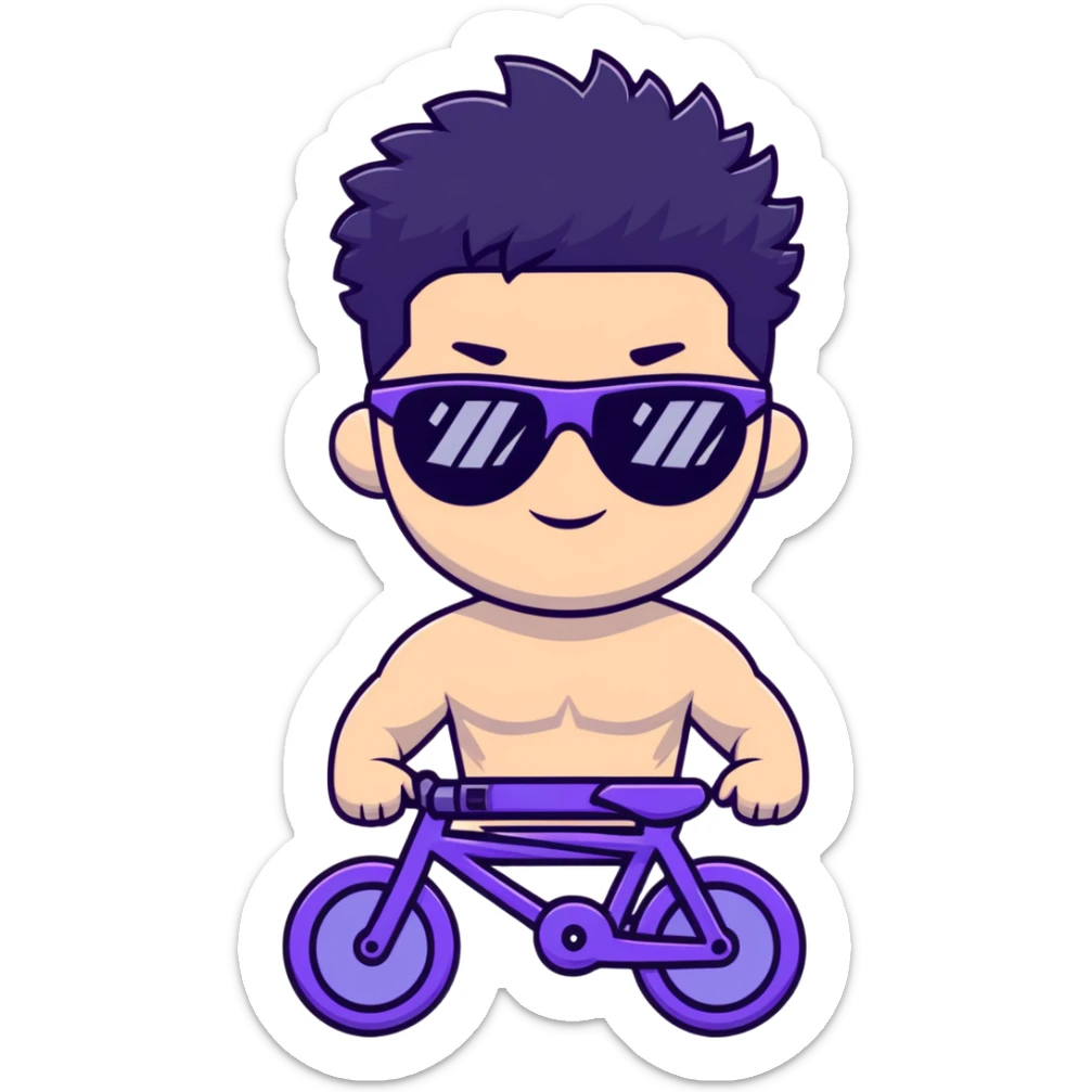 shirtless male athlete with white skin and moderately curly black hair on top with shaved sides, wearing purple bike sunglasses with black tinted lenses sticker