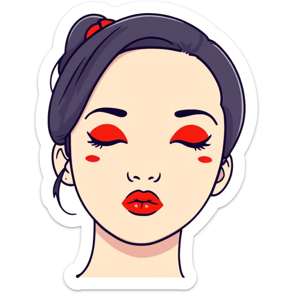 Cute girl with black hair and red lipstick kiss marks on her face sticker