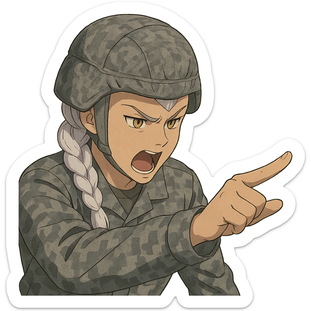 Style of Anime, 1 female, gold yellow eyes, white hair lavender tips, locks in front, mohawk, long white braid, she is a drill sergeant at work, focused facial expression, shouting command, eyes looking down in front of her, pointing a blade hand gesture to the forward direction, uniform of gray large scale digital camo. her head is covered with a PAGS style wrapped ballistic helmet sticker