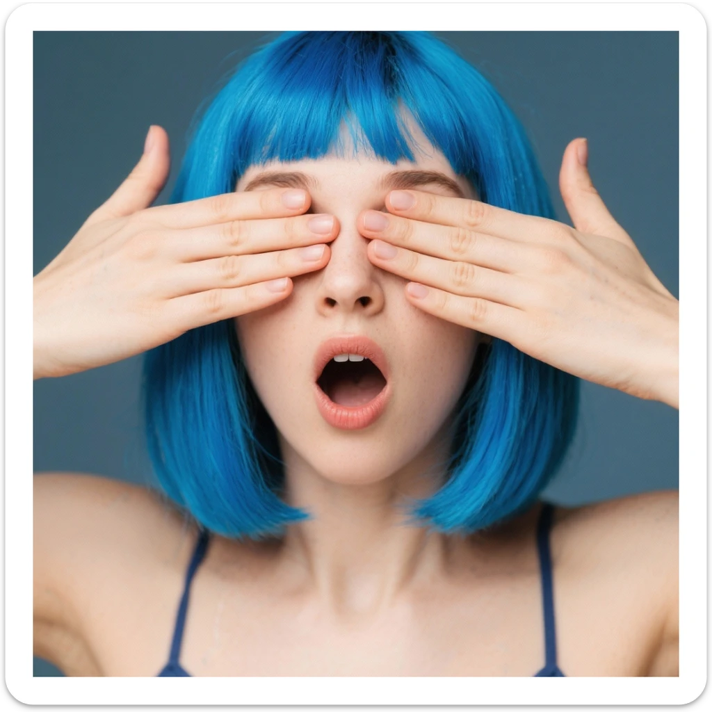 Woman with blue hair with hands over her eyes in disbelief  sticker