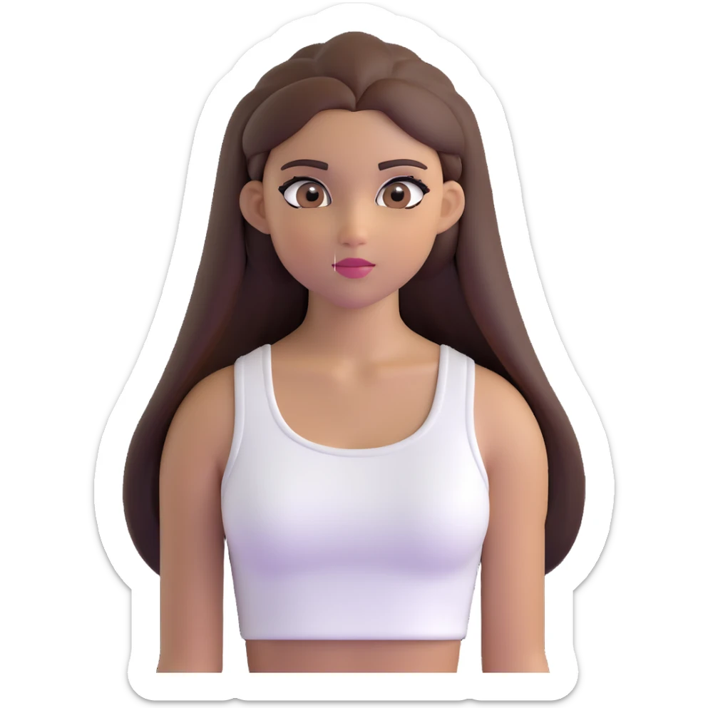beautiful girl, long straight brown hair, brown eyes with lashes, wearing a white crop top, tan skin sticker
