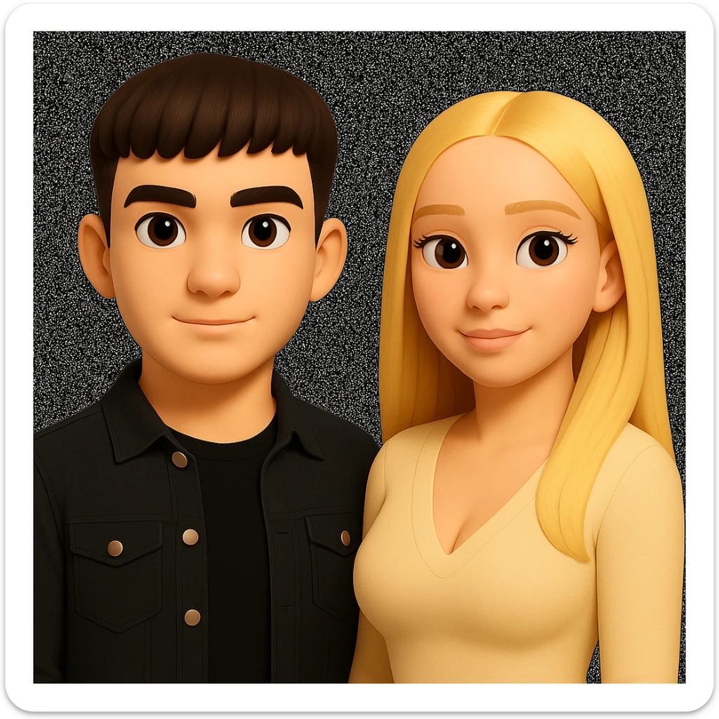 Slightly increase the volume of the upper body of the girl, spread them far apart from each other, make the skin color the same for both characters, while preserving the cartoonish 3D style as in the reference image. sticker