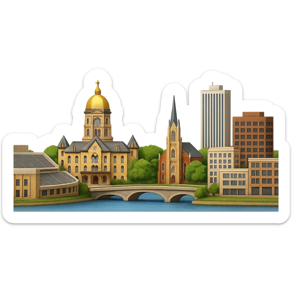 Make the buildings in the South Bend, Indiana emoji more realistic with lifelike architectural detail and accurate proportions. Keep the straight-on angle and wide city view including the University of Notre Dame campus with the Golden Dome and Notre Dame Stadium, St. Joseph River, and downtown South Bend. Use accurate colors and bright daytime lighting. The background should be fully transparent with no sky, no clouds, and no city name label. Maintain the style consistent with previous realistic city emojis. sticker
