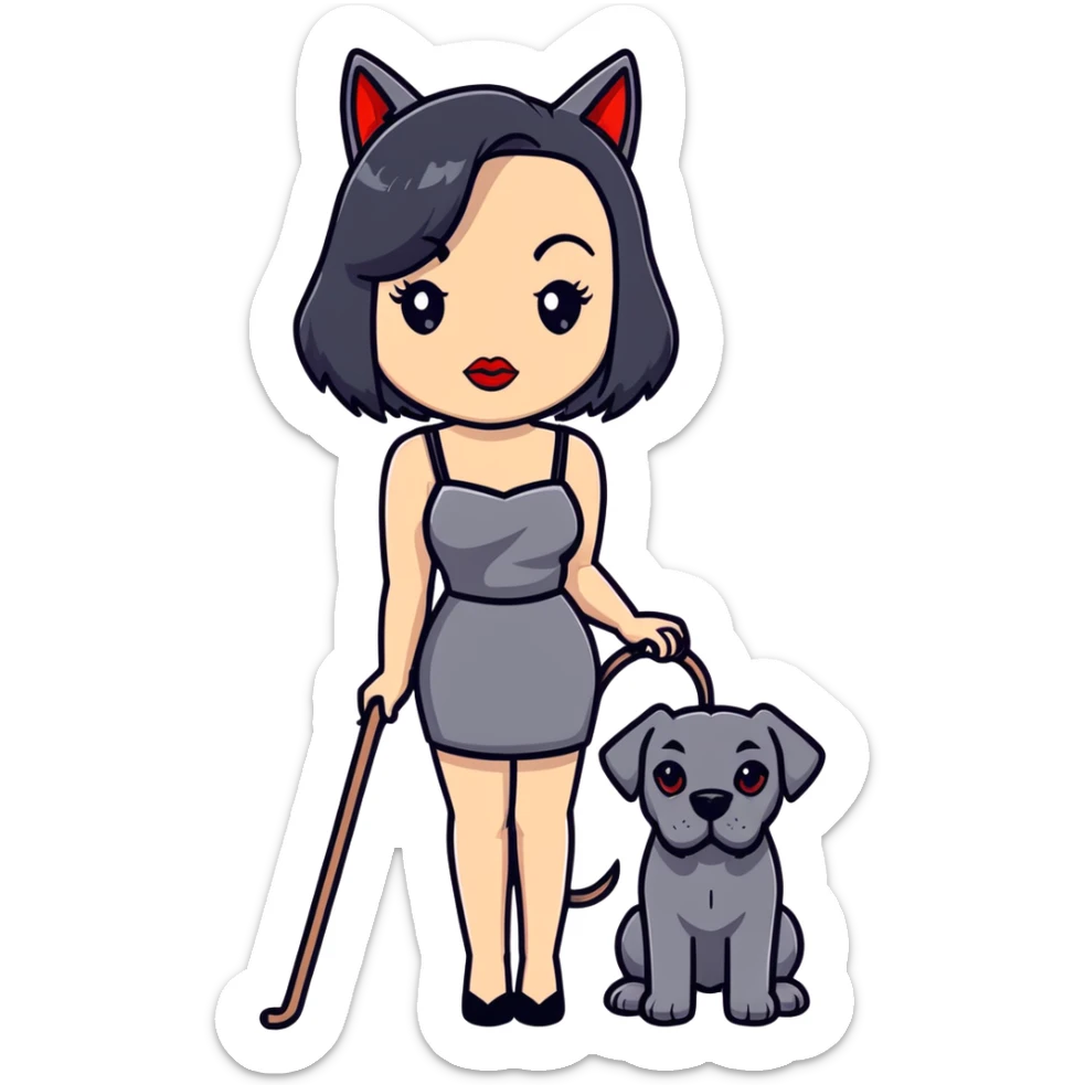 Fashionable woman in sling dress with long black hair, big red lips, and Cane Corso dog ears and short tail sticker