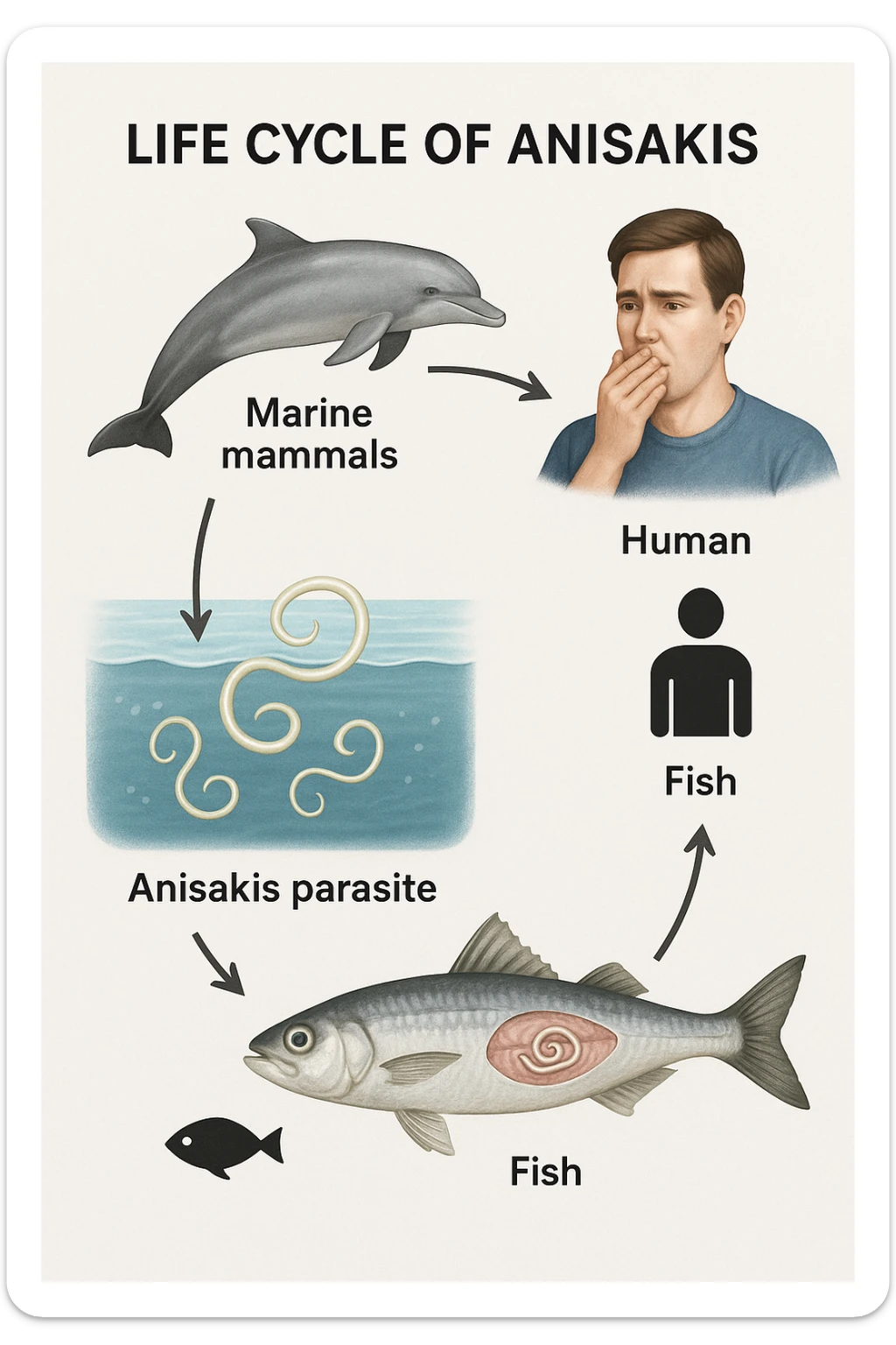 a diagram showing the life cycle of Anisakis, with arrows connecting stages from marine mammals to fish and then to humans. Each stage is illustrated with realistic images: the parasite in the ocean, inside a fish, and the risk to humans who eat contaminated seafood. The style is clear and informative, with labels and icons. sticker