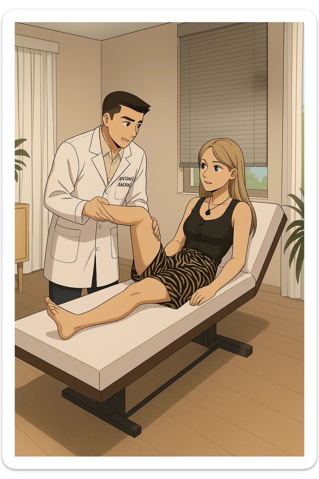 fai un webtoon/manga a colori con questo kinesiologo in camice bianco (fagli la scritta "ANTONIO ANANIA" SUL CAMICE) CHE SVOLGE UN TEST NEUROMUSCOLARE SOLLEVANDO UNA GAMBA ALLA RAGAZZA CHE è STESA SU UN LETTINO BIANCO. STANZA SEMPLICE E MODERNA, DURANTE IL TEST I DUE DIALOGANO TRA LORO. NON FARE I FUMETTI, FAI SOLO LORO COME SE DIALOGASSERO sticker