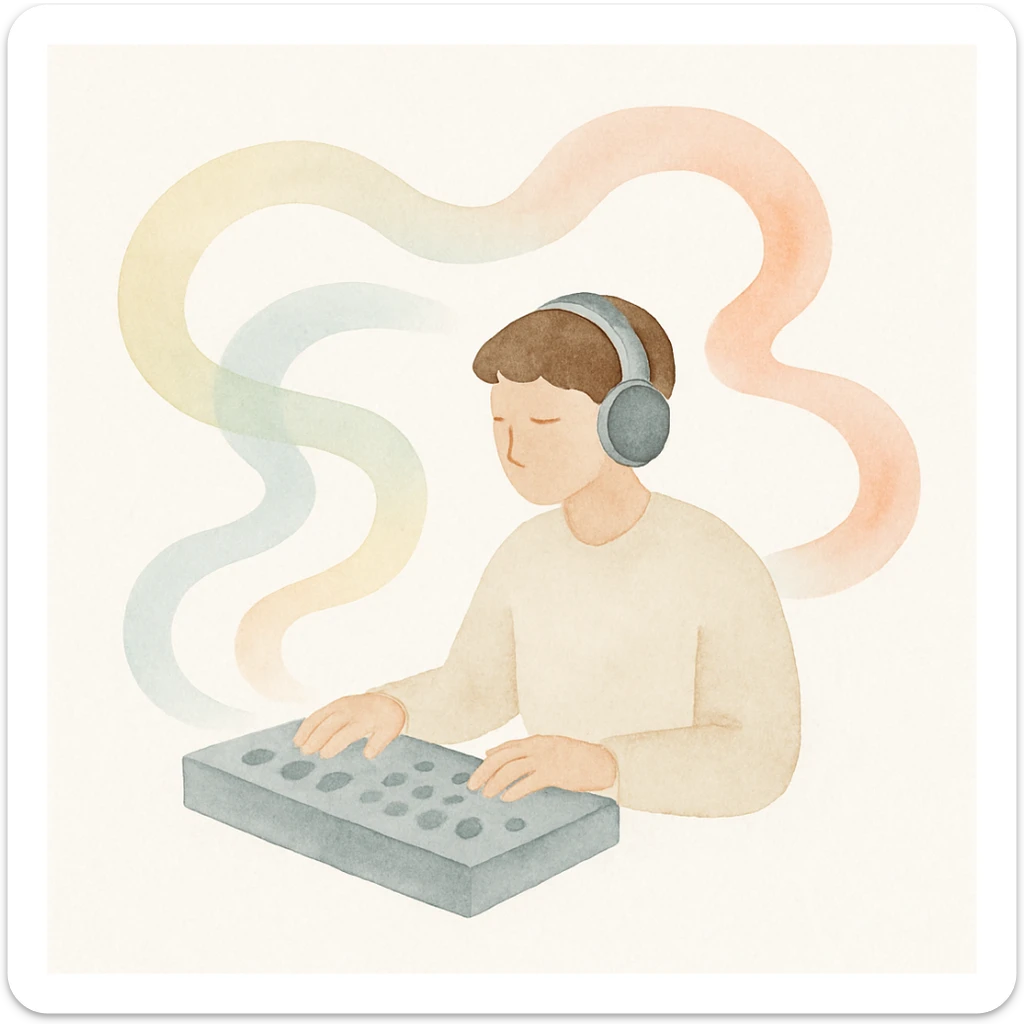 music producer surrounded by swirling colorful sound waves sticker