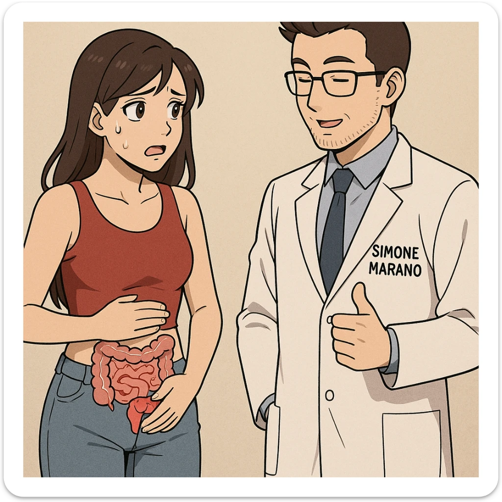 prendi spunto da questo stile di disegno e fai un webtoon/manga a colori con questo nutrizionista in camice bianco (fagli la scritta "SIMONE MARANO" SUL CAMICE) in piedi CHE PARLA CON UNA RAGAZZA in piedi accanto a lui. la ragazza GLI chiede UNA COSA preoccupata mentre si tocca la pancia e ha un intestino umano infiammato sulla pancia, e IL NUTRIZIONISTA CON IL CAMICE BIANCO le risponde mentre annuisce. la ragazza falla mora, con top rosso e jeans chiari, NON FARE I FUMETTI, FAI SOLO LORO COME SE DIALOGASSERO, falli a figura intera. la ragazza falla a sinistra e il nutrizionista a destra sticker