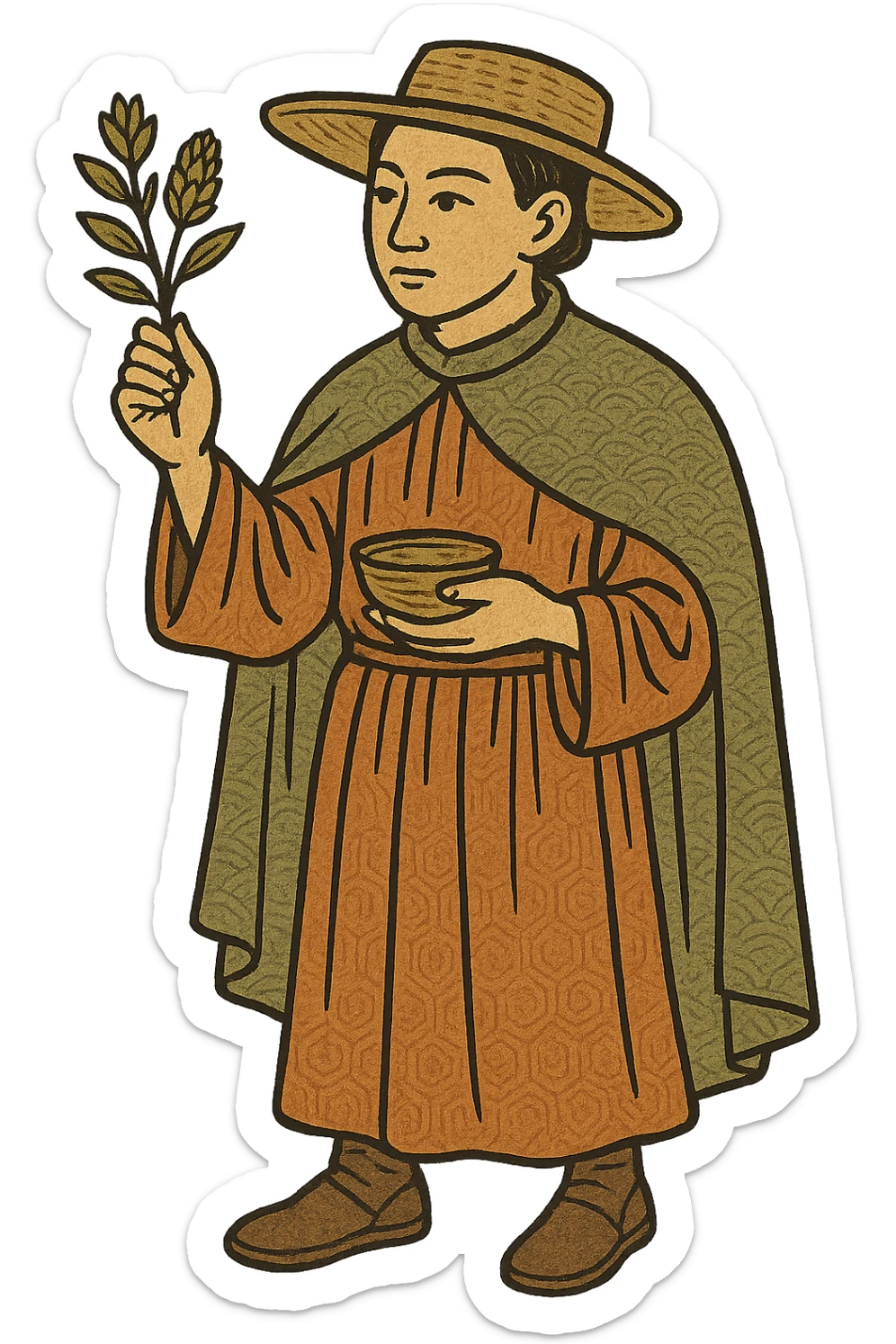A full body medieval male doctor holding a herbal remedy remove the mask sticker