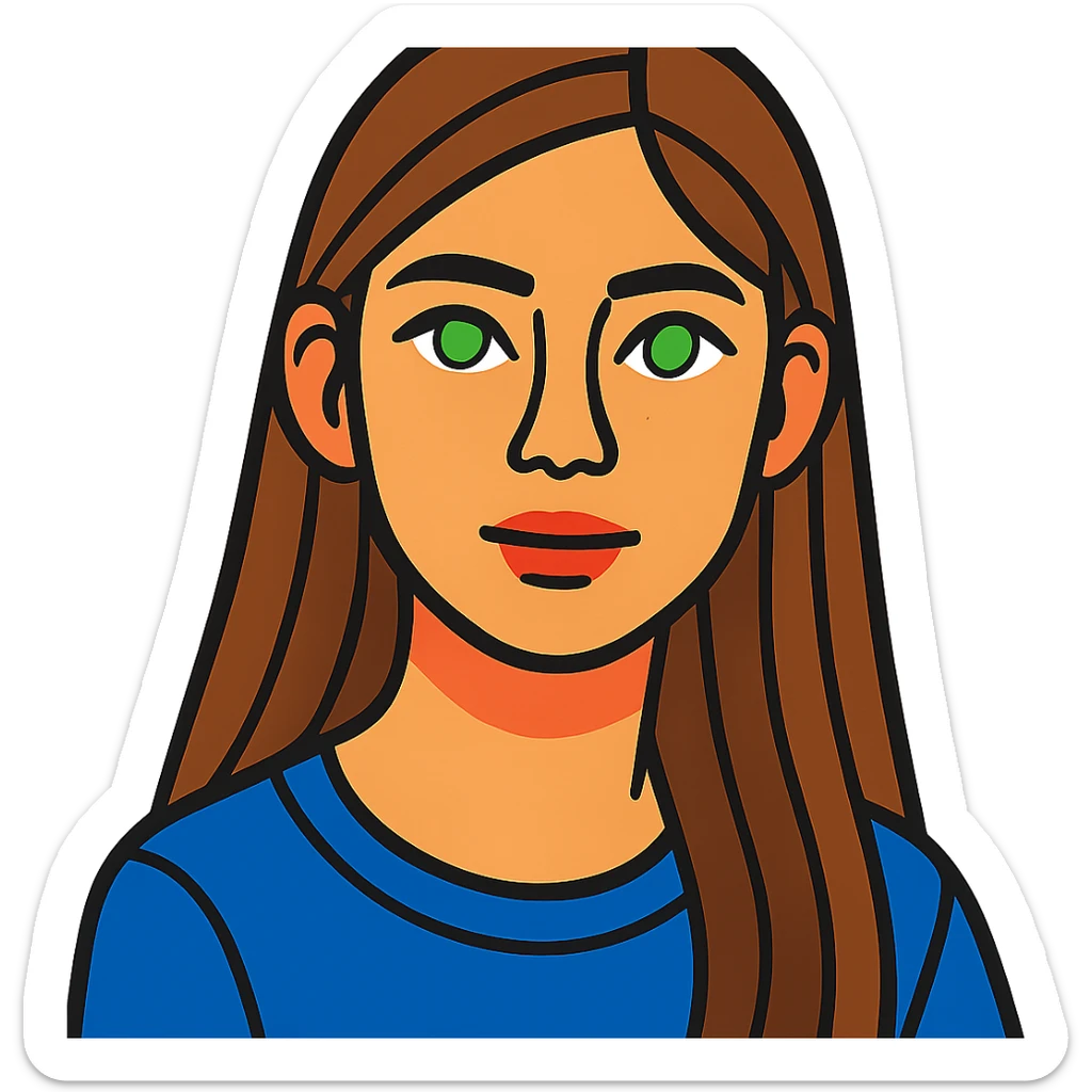 portrait of a 17-year-old girl with green eyes, light skin, and long brown hair sticker