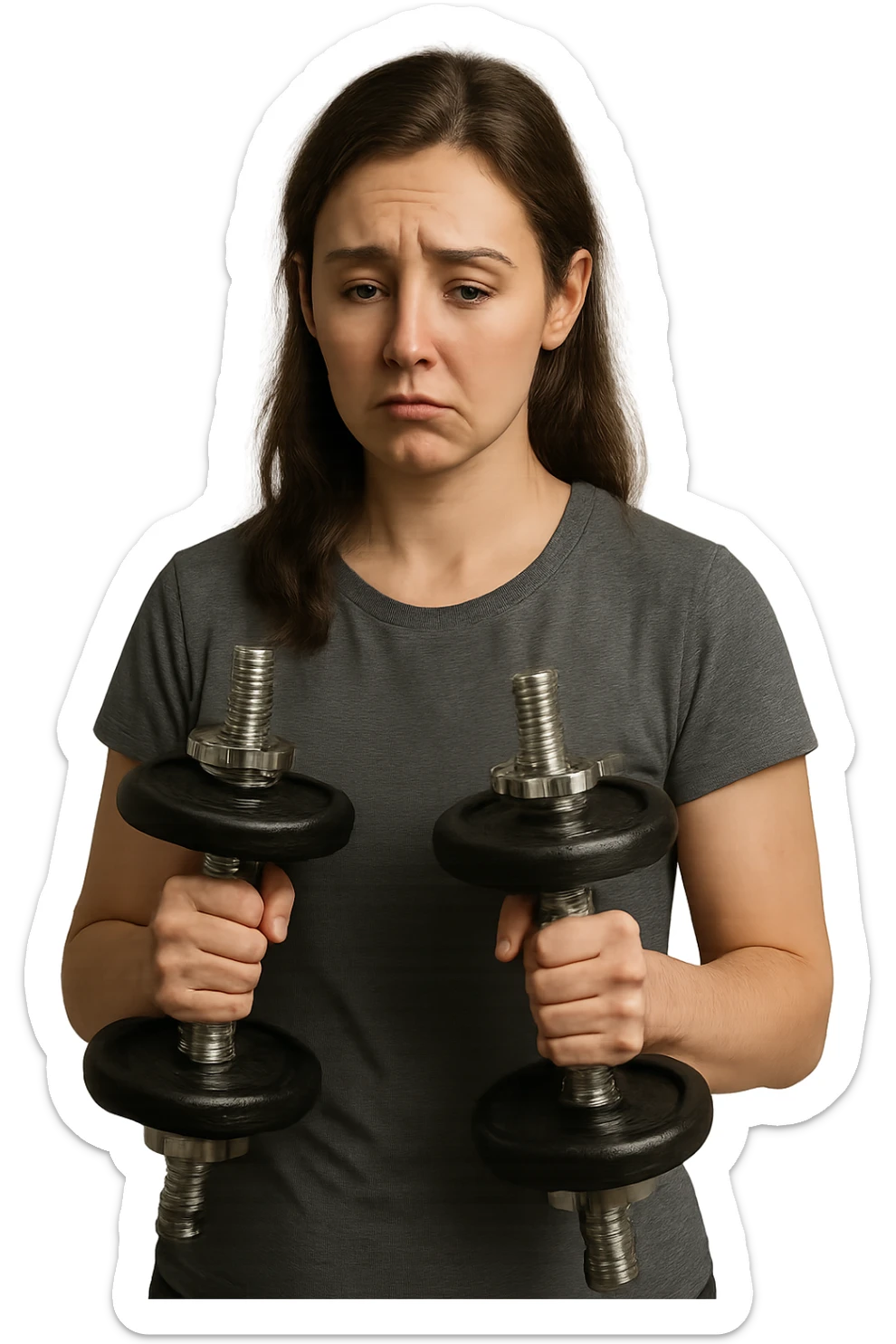 DONNA FITNESS CON MANUBRI DA PALESTRA IN MANO ED ESPRESSIONE TRISTE sticker