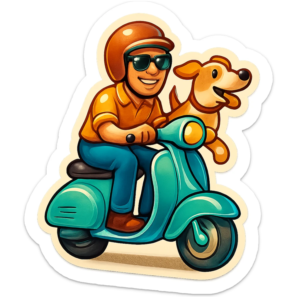 man and his pet dog riding a vespa sticker