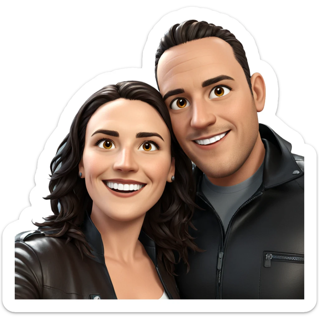smiling couple in leather jackets sticker