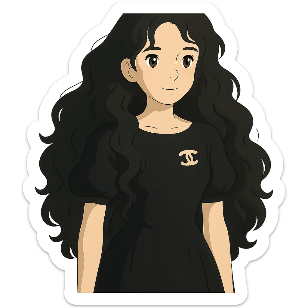 light skin girl with black very long curly hair, brown eyes, wearing a black Chanel dress, in ghibli style sticker