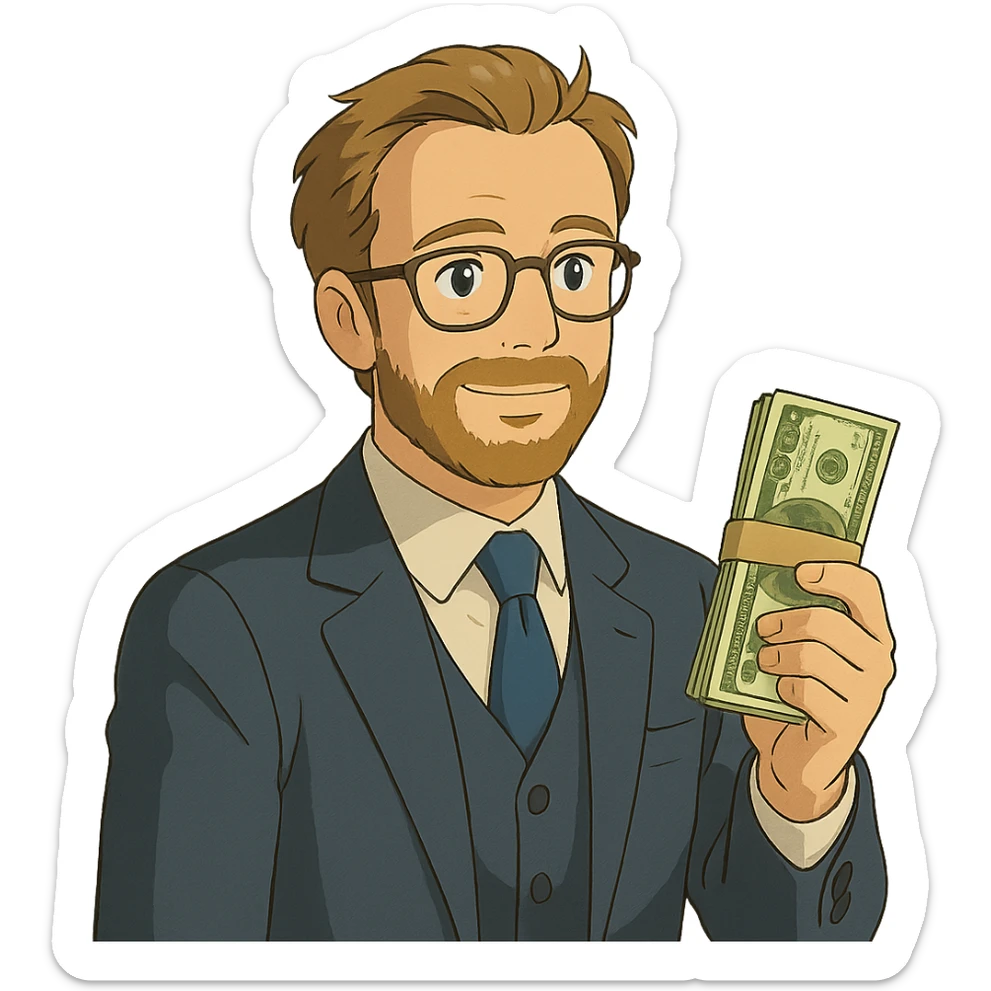 ghibli style illustration of Nikolai Astrup, Norwegian politician, holding a pack of money in his hand sticker