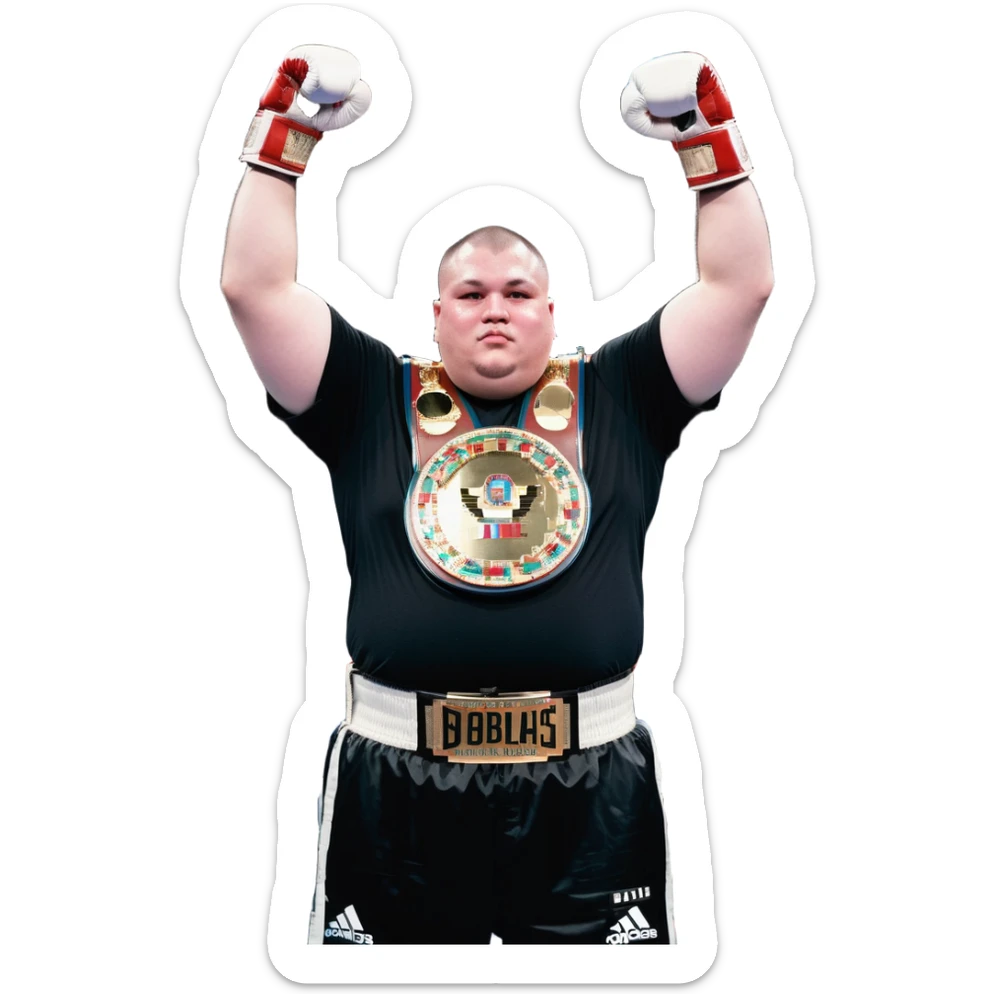 white man with dark hair, dark eyes, buzzcut faded haircut, overweight 100kg boxer, chubby face, stocky build, wearing full black clothes, black adidas boxing gloves, victory pose with arms raised, holding championship belt, upper body only no legs visible, highly pixelated sticker