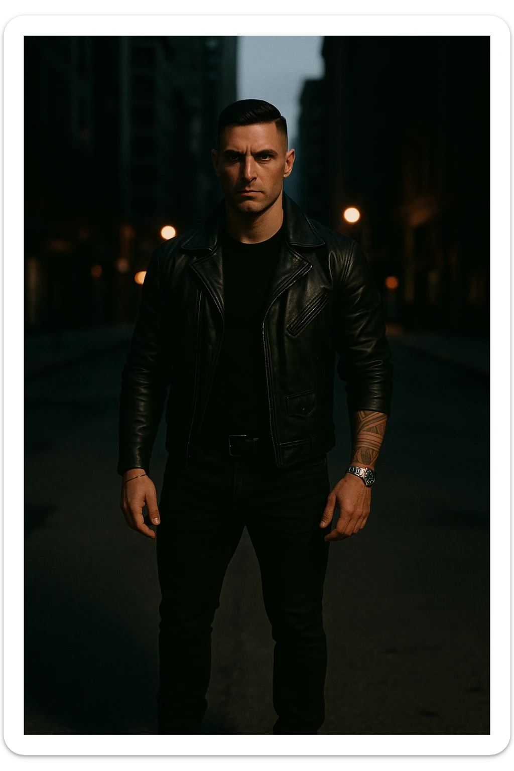 A confident, strong man standing in the middle of a city street at dusk, wearing a black leather jacket and boots, sharp jawline, intense gaze. Radiating masculine energy. Cinematic lighting, moody urban background, dramatic shadows, shallow depth of field. 35mm film style sticker