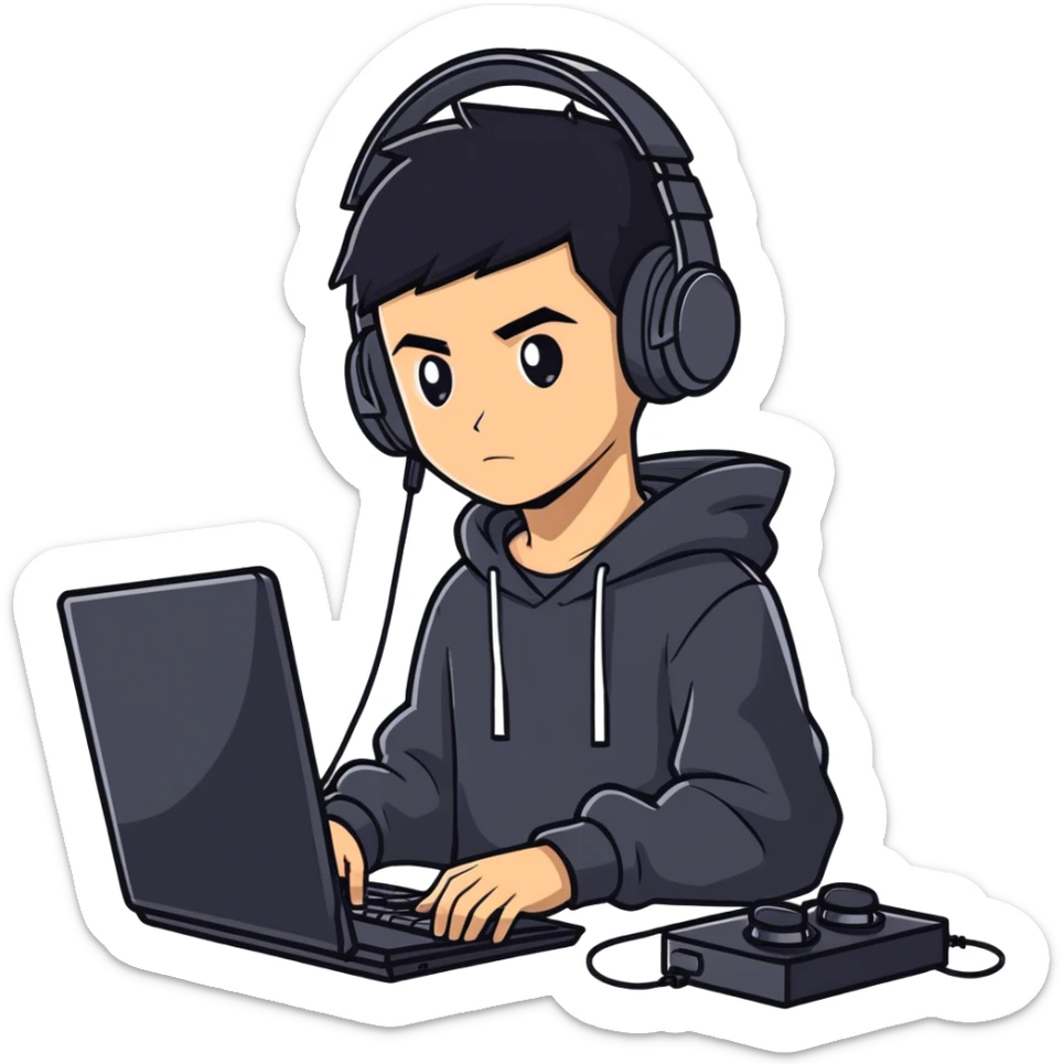 Cool boy, gamer with tan skin and black hair wearing a super cool black hoodie and wearing a gamer headset while playing PC games sticker